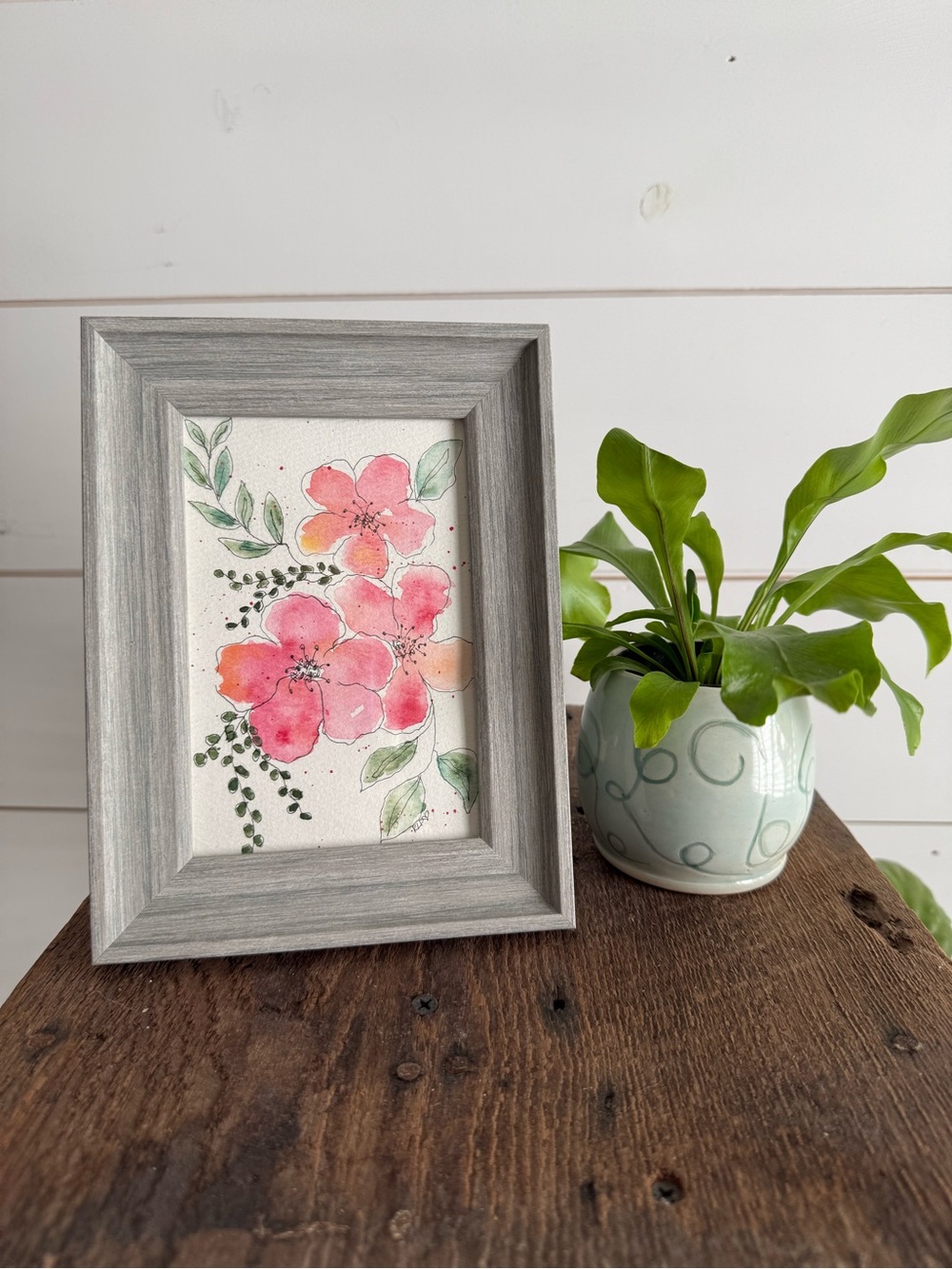 Hand crafted Watercolor original 4x6 in grey frame